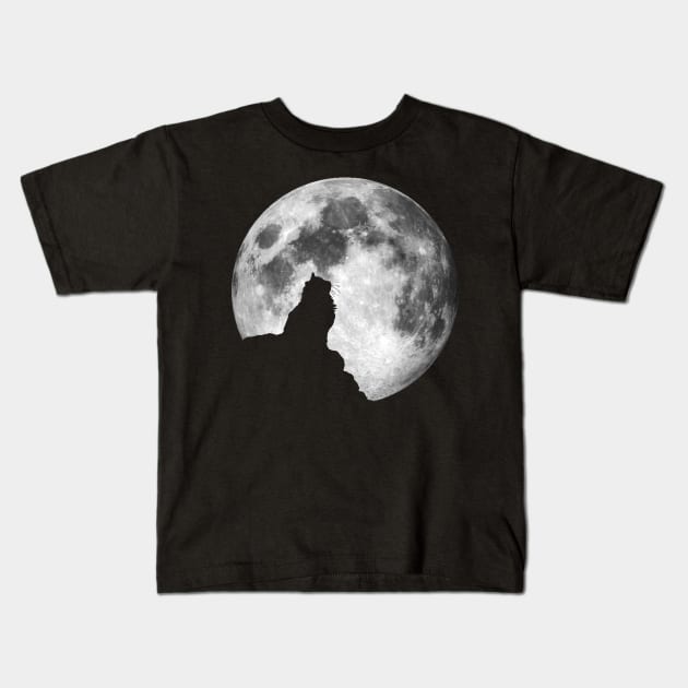 Cat Silhouette on Full Moon Kids T-Shirt by JamieStryker